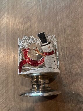 Bath & Body Works Joyful Snowman Silver Pedestal 3 Wick Candle Holder